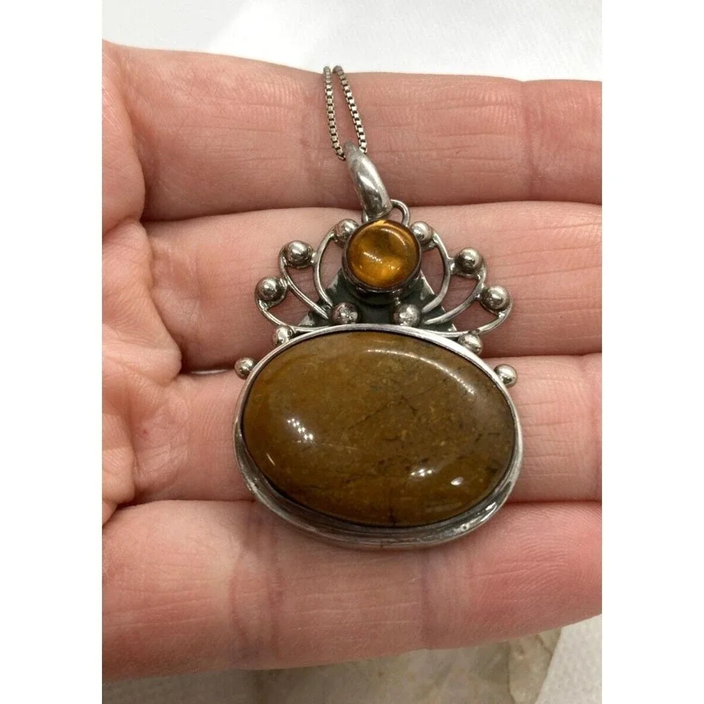 Vintage Brown Agate Modernist Pendant 18'' Necklace Sterling 925 Silver 16g Boho